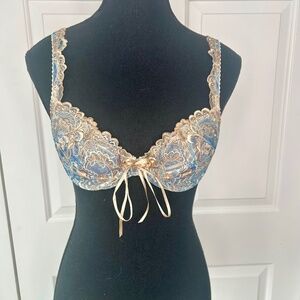 NWOT I.D. Sarrieri Blue & Gold Embroidered Bra-34B with Thong Size Small